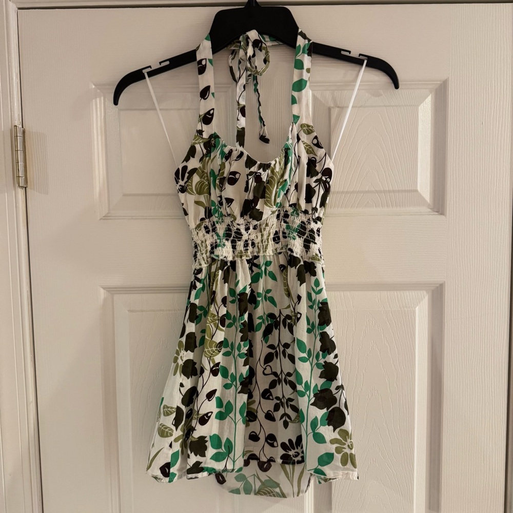 Poema Green and Black Floral Halter Top